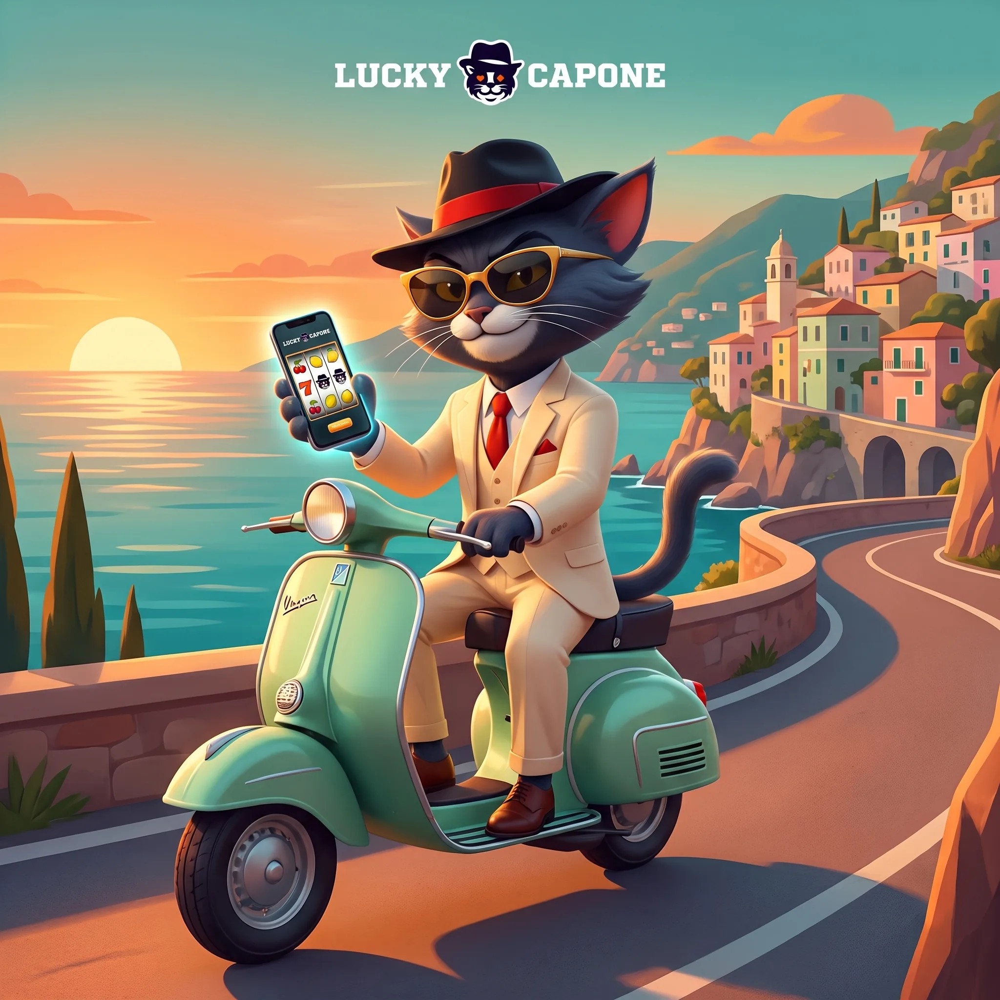 Lucky Capone mostra il gioco sul telefono sulla costiera amalfitana