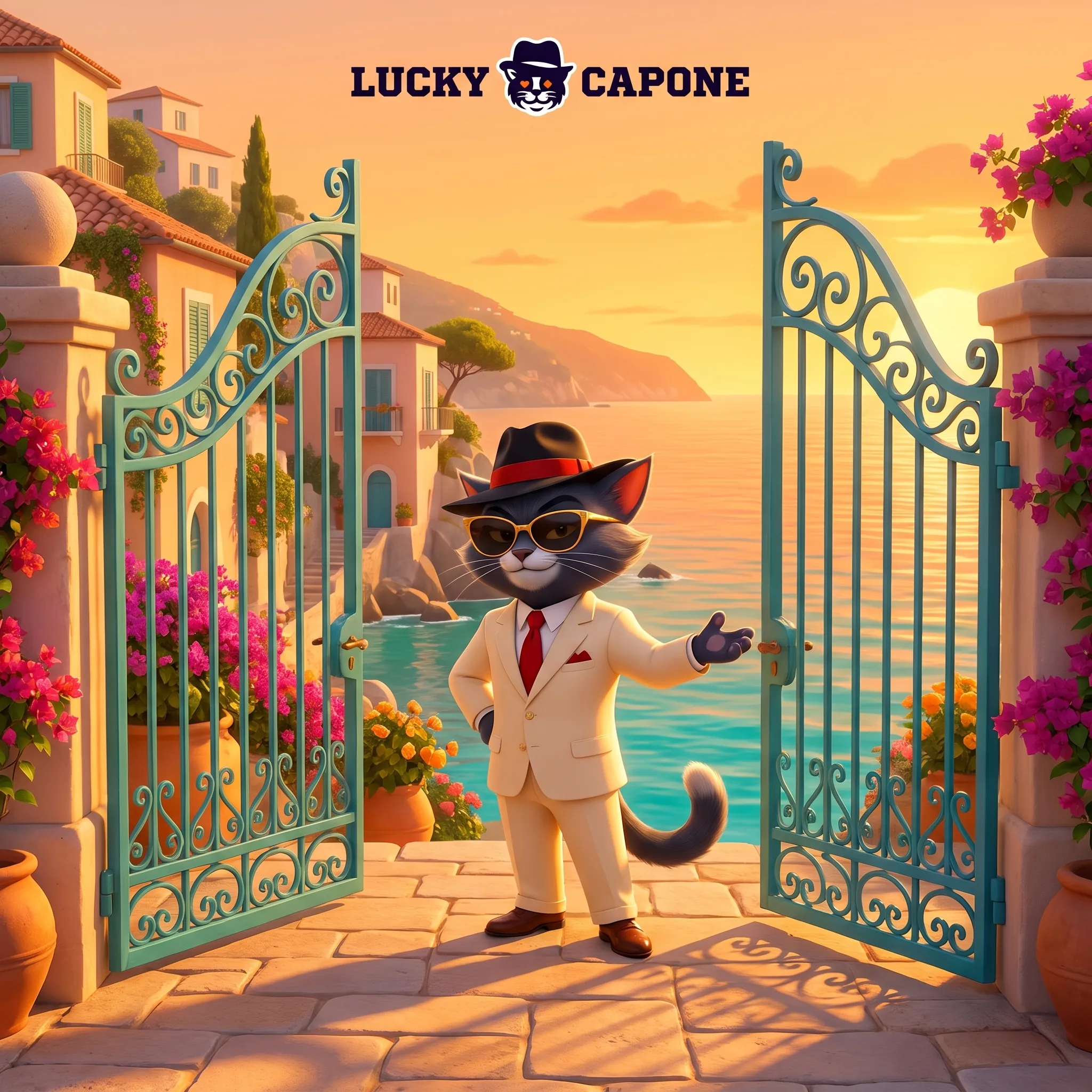 Lucky Capone accoglie il visitatore davanti a un cancello sulla costiera amalfitana