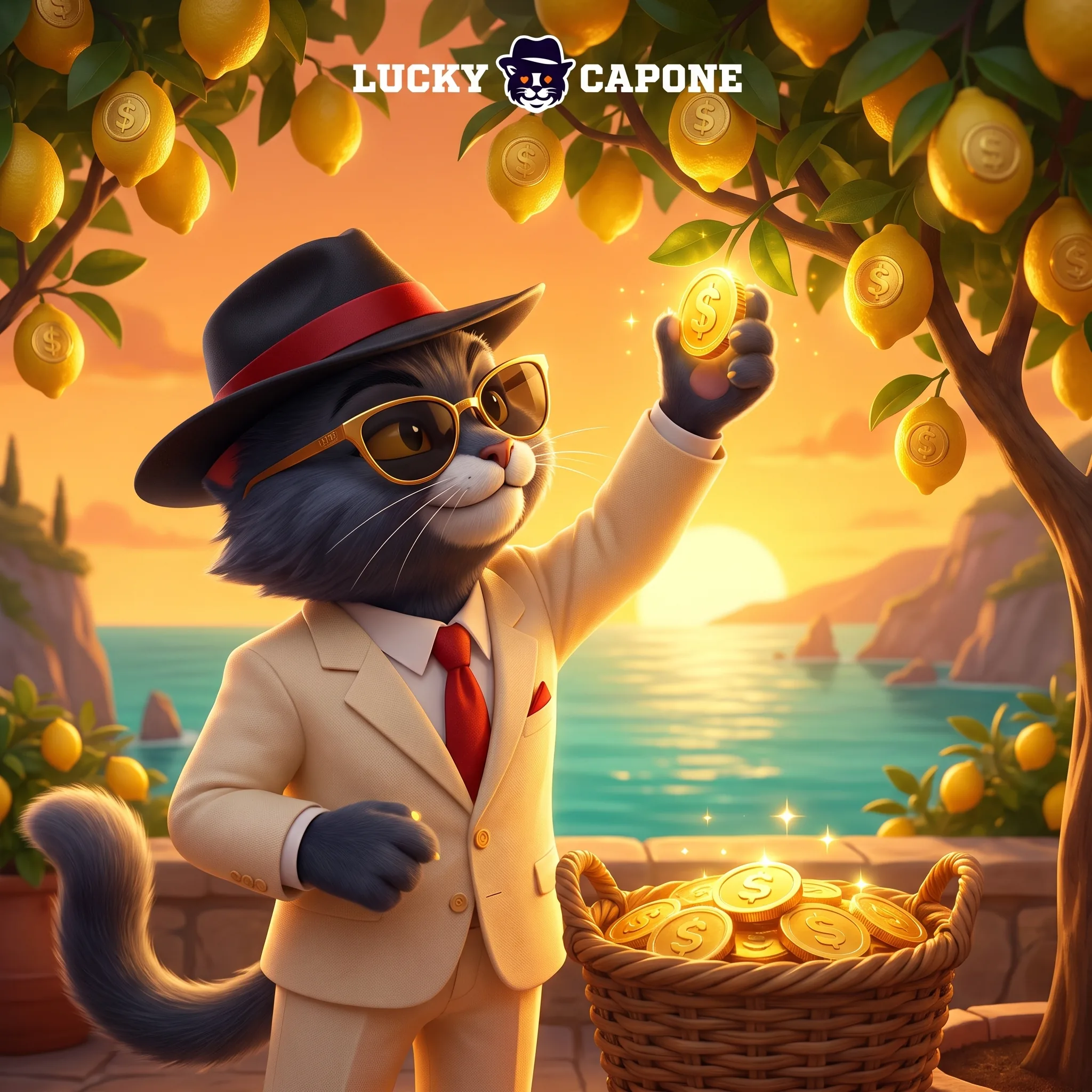 Lucky Capone con una moneta tra gli alberi di limoni della costiera amalfitana